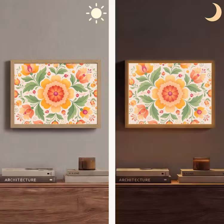Bloemen - Patroon - Decoratief - Oranje Light Box met batterij (Wandlamp) middel -sfeer3