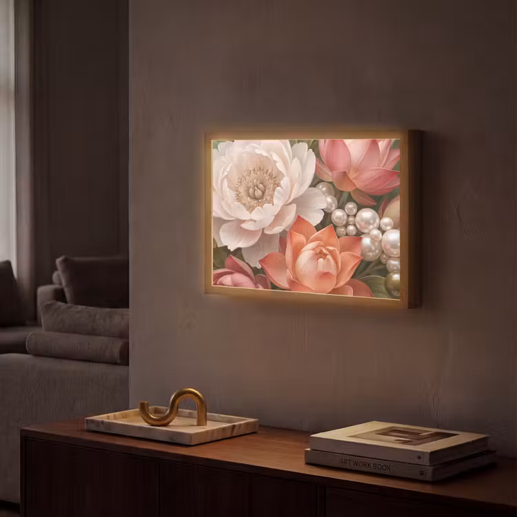 Bloemen - Parels - Elegant - Roze - Wit Light Box met batterij (Wandlamp) middel -sfeer1