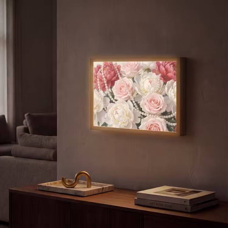 Bloemen - Parels - Romantiek - Klassiek - Roze Light Box met batterij (Wandlamp) middel -sfeer1