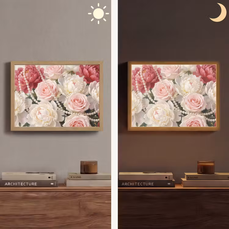 Bloemen - Parels - Romantiek - Klassiek - Roze Light Box met batterij (Wandlamp) middel -sfeer3