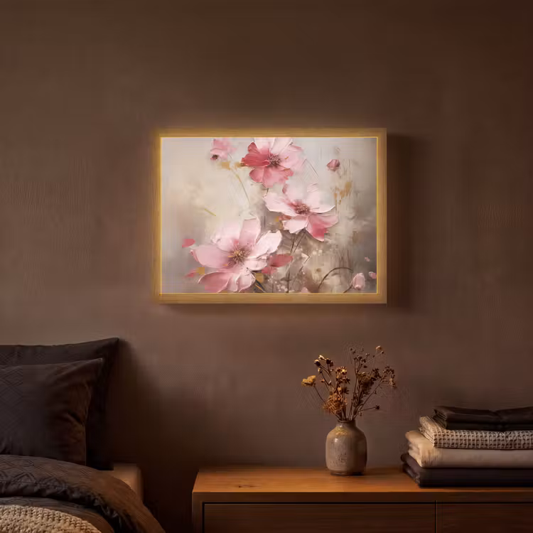 Bloemen - Roze - Kunst - Watercolor Light Box met batterij (Wandlamp) middel -sfeer4