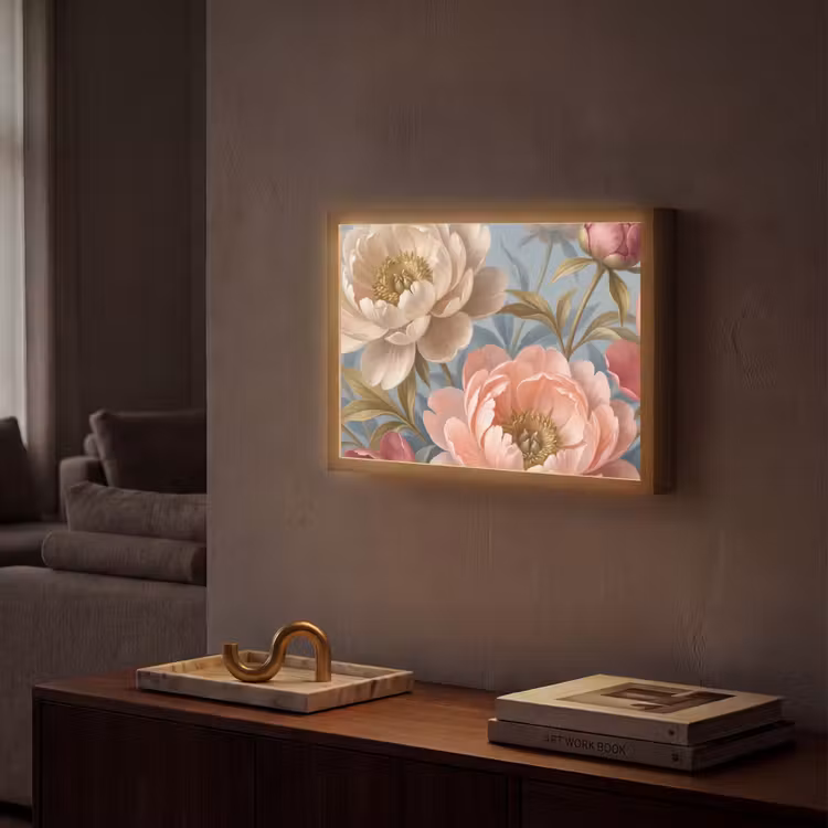 Bloemen - Roze - Beige - Modern - Natuur Light Box met batterij (Wandlamp) middel -sfeer1