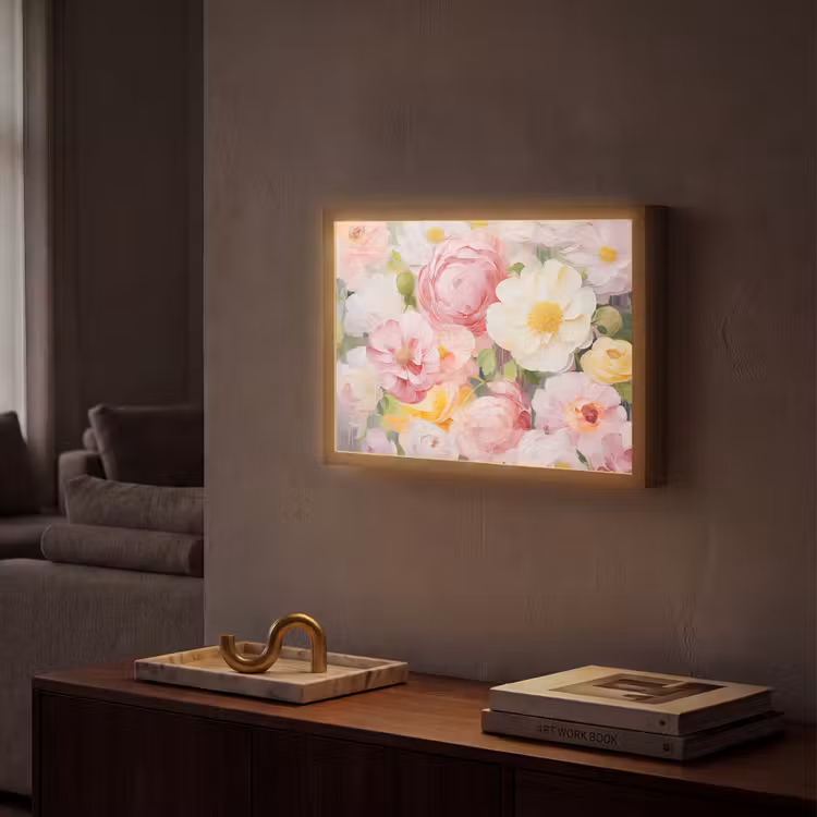 Bloemen - Roze - Botanisch - Kunst - Acrylverf Light Box met batterij (Wandlamp) middel -sfeer1