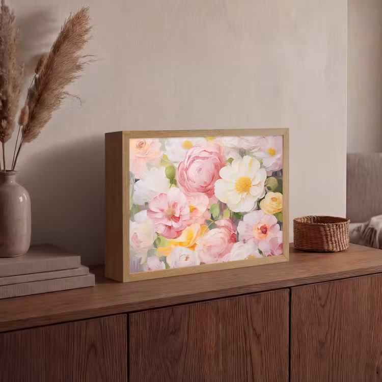 Bloemen - Roze - Botanisch - Kunst - Acrylverf Light Box met batterij (Wandlamp) middel -sfeer2