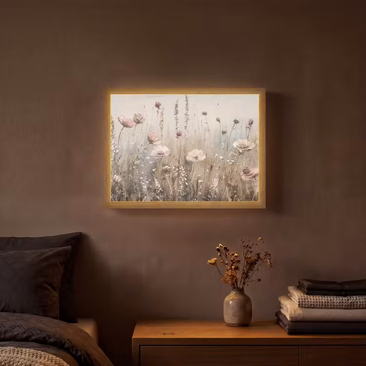 Bloemen - Roze - Modern - Beige Light Box met batterij (Wandlamp) middel -sfeer4