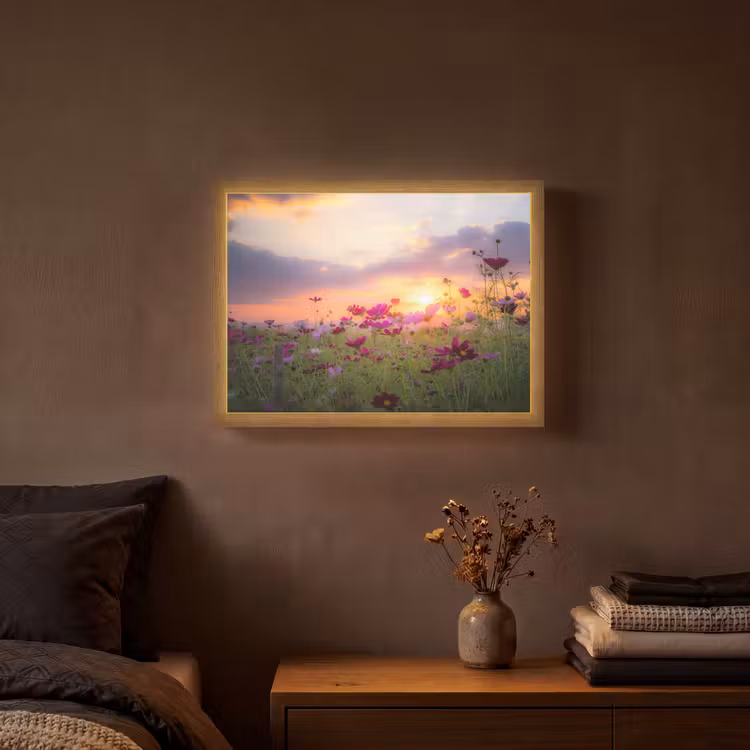 Bloemen - Roze - Zonsondergang - Natuur - Weide - Horizon Light Box met batterij (Wandlamp) middel -sfeer4