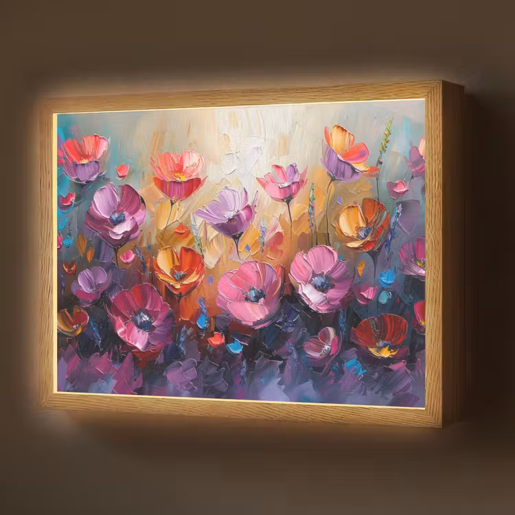 Bloemen - Paars - Kleurrijk - Handgeschilderd - Kunst Light Box met batterij (Wandlamp) middel -z3d_website