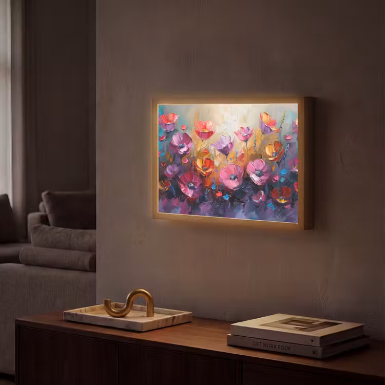 Bloemen - Paars - Kleurrijk - Handgeschilderd - Kunst Light Box met batterij (Wandlamp) middel -sfeer1