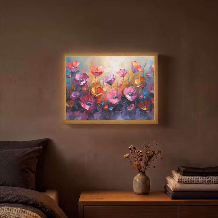 Bloemen - Paars - Kleurrijk - Handgeschilderd - Kunst Light Box met batterij (Wandlamp) middel -sfeer4