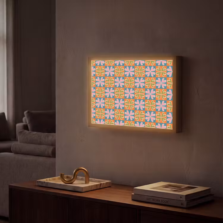 Bloemen - Retro - Patroon - Kleurrijk Light Box met batterij (Wandlamp) middel 907 -sfeer1