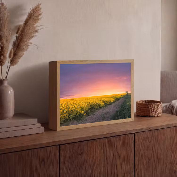 Bloemen - Weg - Lucht - Geel - Paars - Zonsondergang - Natuur Light Box met batterij (Wandlamp) middel -sfeer2