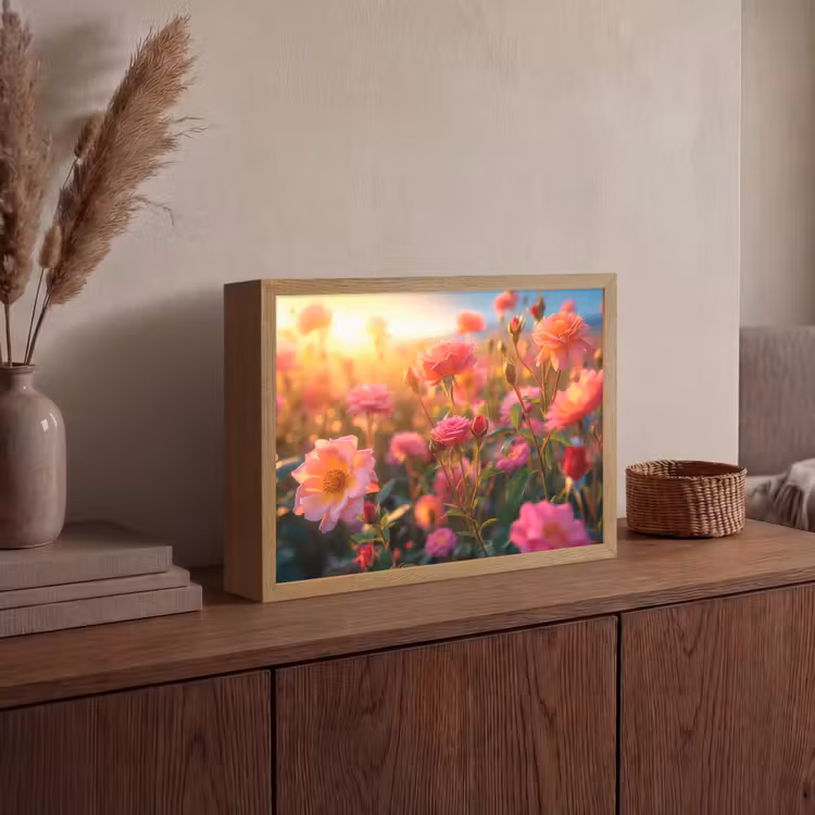 Bloemen - Rozen - Natuur - Roze - Bloem Light Box met batterij (Wandlamp) middel -sfeer2
