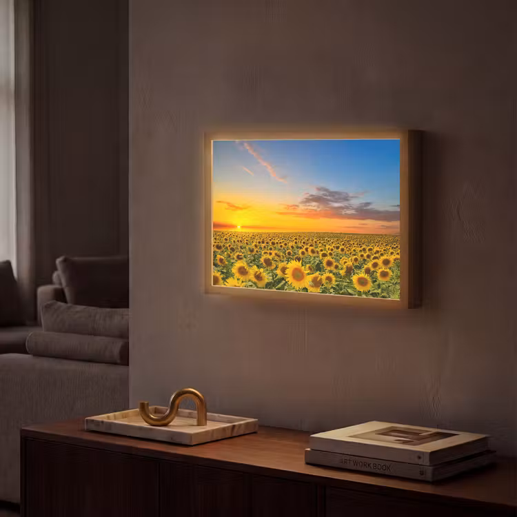 Bloemen - Zonnebloem - Zonsondergang - Nacht - Oranje Light Box met batterij (Wandlamp) middel -sfeer1