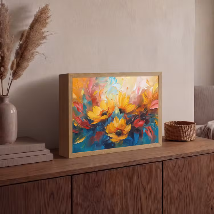 Bloemen - Zonnebloemen - Kunst - Geel Light Box met batterij (Wandlamp) middel -sfeer2