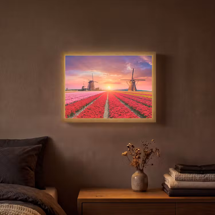 Bloemen - Tulpen - Bloemenveld - Molens - Holland Light Box met batterij (Wandlamp) middel -sfeer4
