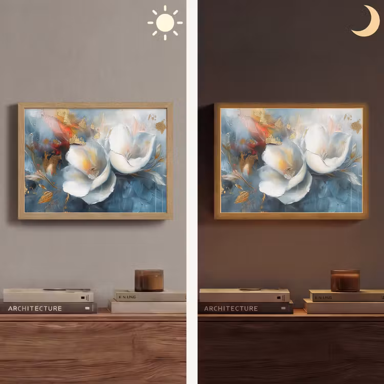 Bloemen - Wit - Goud - Kunst - Abstract Light Box met batterij (Wandlamp) middel -sfeer3