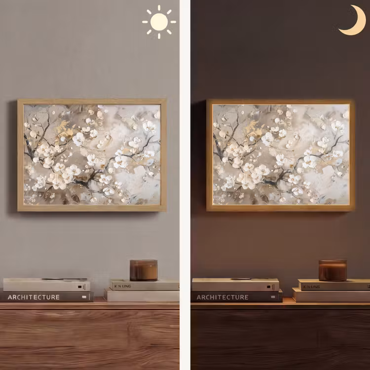 Bloemen - Wit - Goud - Beige - Luxe Light Box met batterij (Wandlamp) middel -sfeer3
