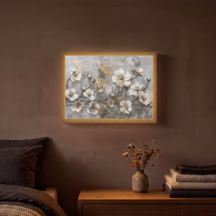 Bloemen - Wit - Grijs - Goud - Luxe Light Box met batterij (Wandlamp) middel -sfeer4
