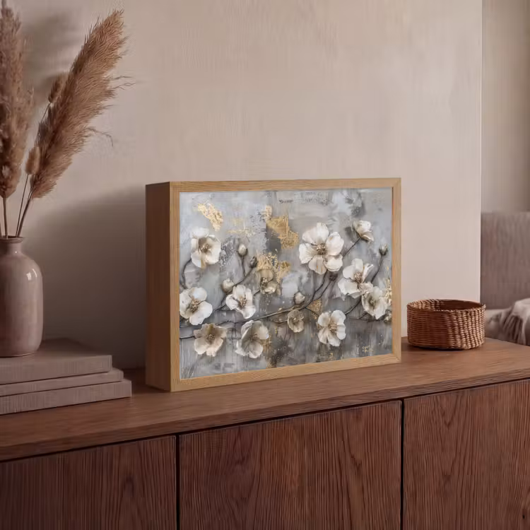 Bloemen - Wit - Grijs - Goud - Luxe Light Box met batterij (Wandlamp) middel -sfeer2