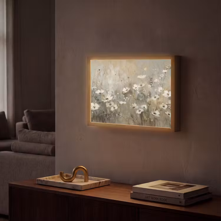 Bloemen - Wit - Natuur - Grijs - Modern Light Box met batterij (Wandlamp) middel -sfeer1