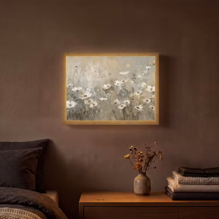 Bloemen - Wit - Natuur - Grijs - Modern Light Box met batterij (Wandlamp) middel -sfeer4