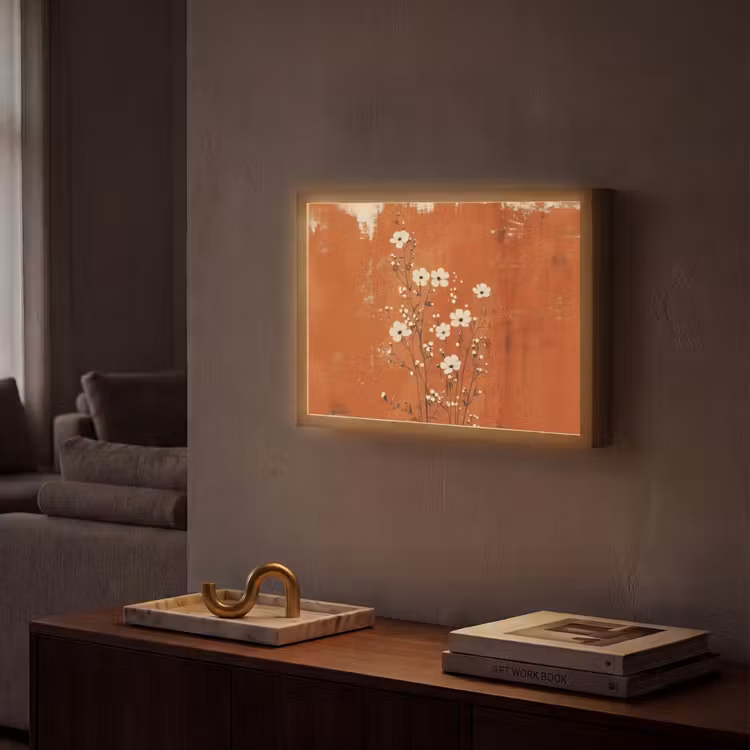 Bloemen - Wit - Subtiel - Roestkleur Light Box met batterij (Wandlamp) middel -sfeer1