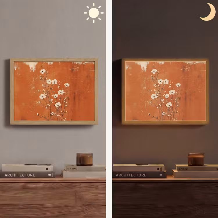 Bloemen - Wit - Subtiel - Roestkleur Light Box met batterij (Wandlamp) middel -sfeer3