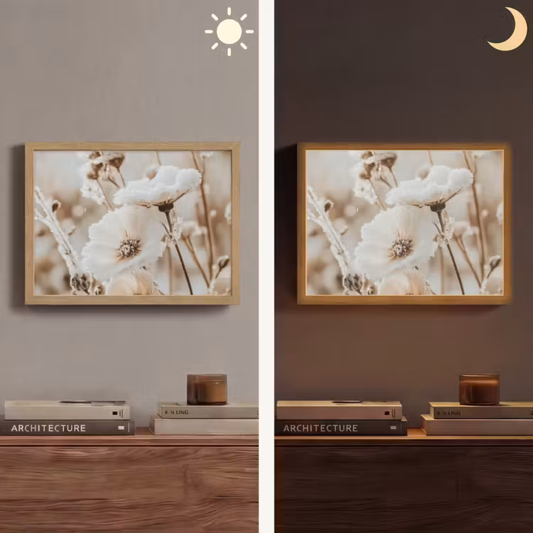 Bloemen - Winter - Wit - Sneeuw - Beige Light Box met batterij (Wandlamp) middel -sfeer3
