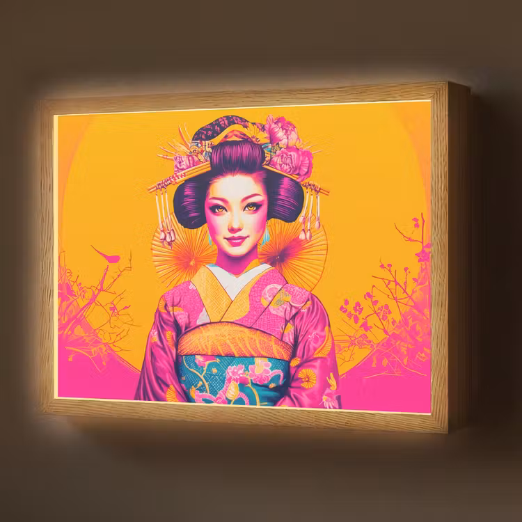 Bloemen - Vrouw - Kimono - Roze Light Box met batterij (Wandlamp) middel -z3d_website