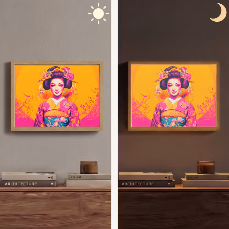 Bloemen - Vrouw - Kimono - Roze Light Box met batterij (Wandlamp) middel -sfeer3