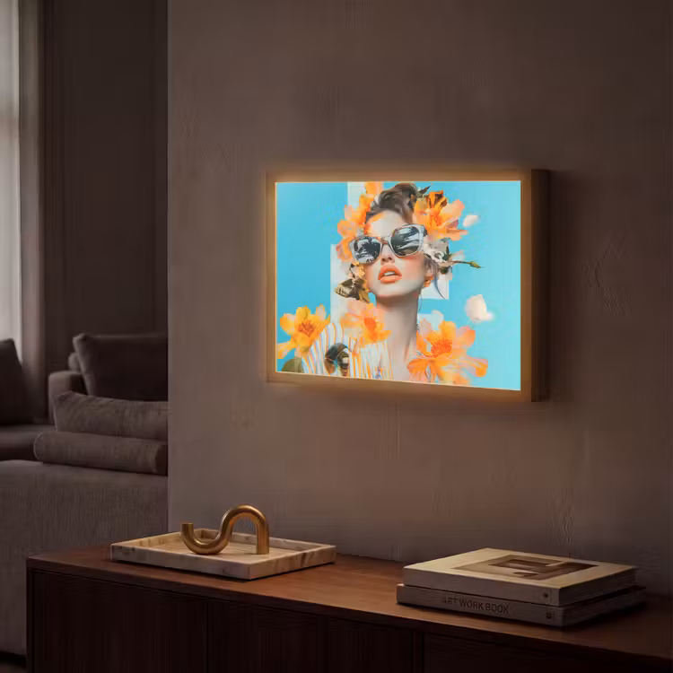 Bloemen - Vrouw - Zonnebril - Blauw Light Box met batterij (Wandlamp) middel -sfeer1