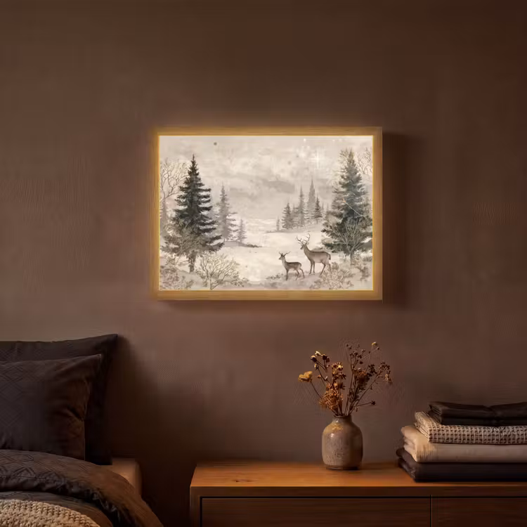 Bos - Herten - Winter - Sneeuw Light Box met batterij (Wandlamp) middel -sfeer4