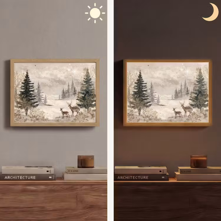 Bos - Herten - Winter - Sneeuw Light Box met batterij (Wandlamp) middel -sfeer3