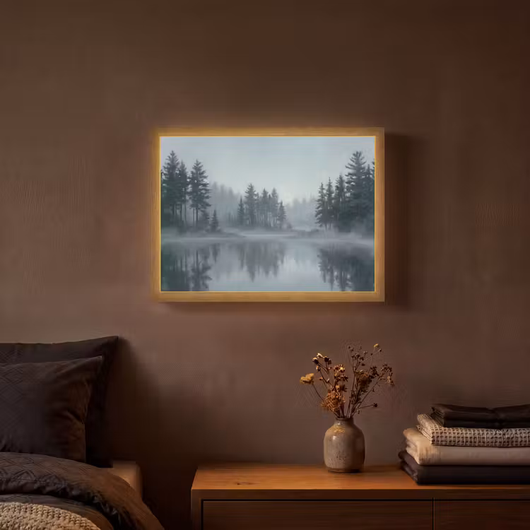 Bos - Meer - Mist - Natuur - Grijs Light Box met batterij (Wandlamp) middel -sfeer4