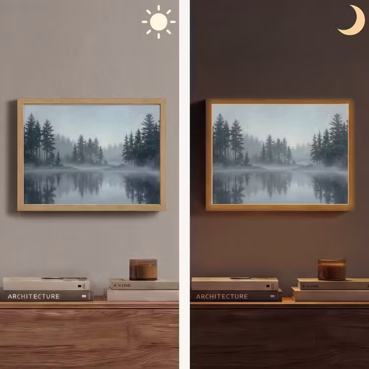 Bos - Meer - Mist - Natuur - Grijs Light Box met batterij (Wandlamp) middel -sfeer3