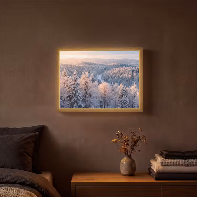 Bos - Bergen - Goud - Winter - Warm Light Box met batterij (Wandlamp) middel -sfeer4