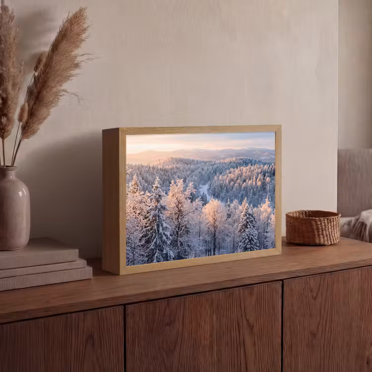 Bos - Bergen - Goud - Winter - Warm Light Box met batterij (Wandlamp) middel -sfeer2