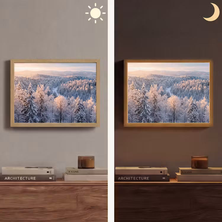 Bos - Bergen - Goud - Winter - Warm Light Box met batterij (Wandlamp) middel -sfeer3