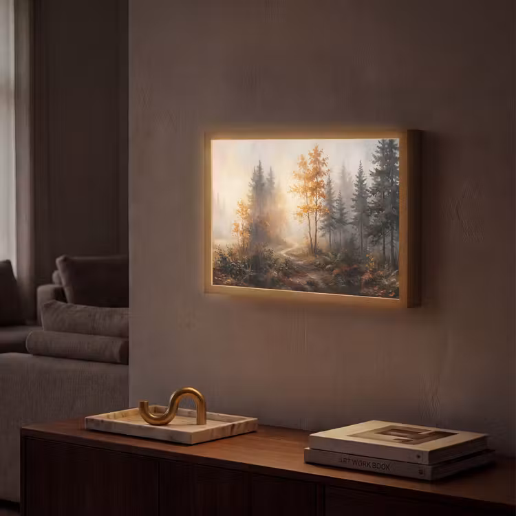 Bospad - Herfstbladeren - Natuur - Schilderachtig - Oranje Light Box met batterij (Wandlamp) middel -sfeer1