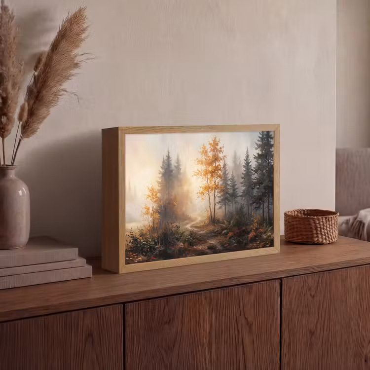 Bospad - Herfstbladeren - Natuur - Schilderachtig - Oranje Light Box met batterij (Wandlamp) middel -sfeer2