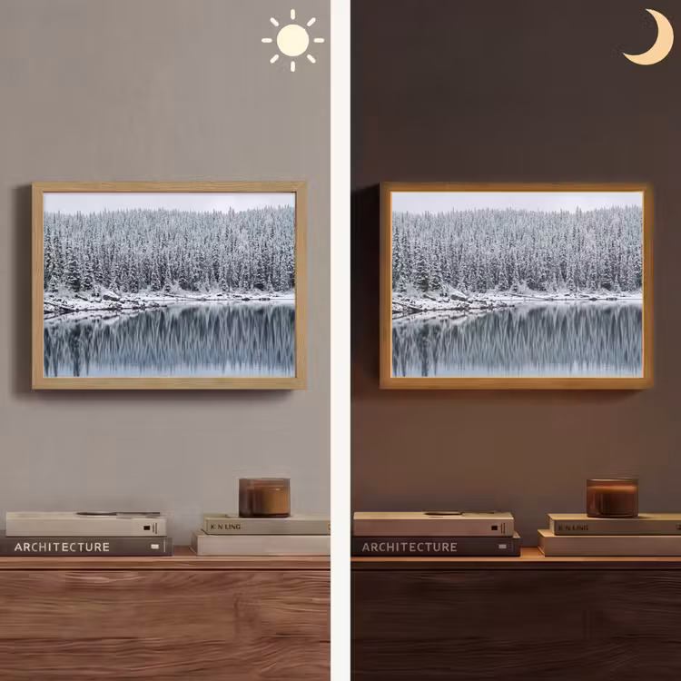 Bos - Reflectie - Meer - Winter - Serene Light Box met batterij (Wandlamp) middel -sfeer3