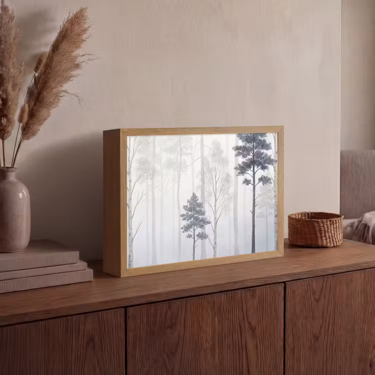 Bos - Bomen - Mist - Natuur - Illustratie - Grijs Light Box met batterij (Wandlamp) middel -sfeer2