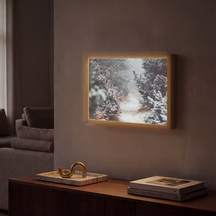 Bos - Winter - Bomen - Natuur - Pad - Sneeuw Light Box met batterij (Wandlamp) middel -sfeer1