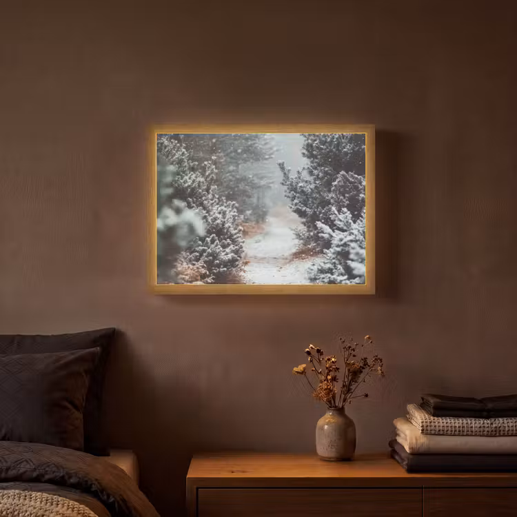 Bos - Winter - Bomen - Natuur - Pad - Sneeuw Light Box met batterij (Wandlamp) middel -sfeer4