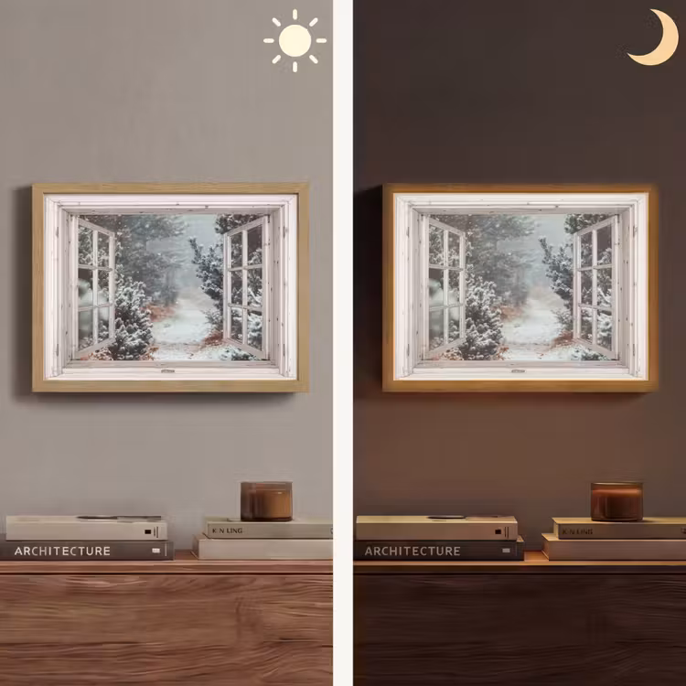 Bos - Winter - Bomen - Natuur - Pad - Doorkijk - Wit Light Box met batterij (Wandlamp) middel -sfeer3