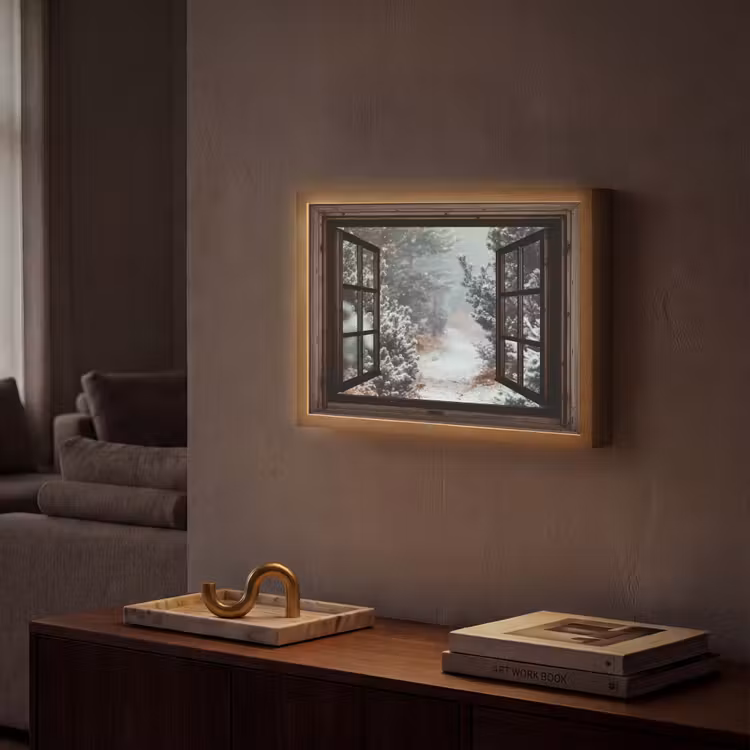 Bos - Winter - Bomen - Natuur - Pad - Doorkijk Light Box met batterij (Wandlamp) middel -sfeer1