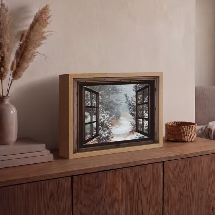 Bos - Winter - Bomen - Natuur - Pad - Doorkijk Light Box met batterij (Wandlamp) middel -sfeer2