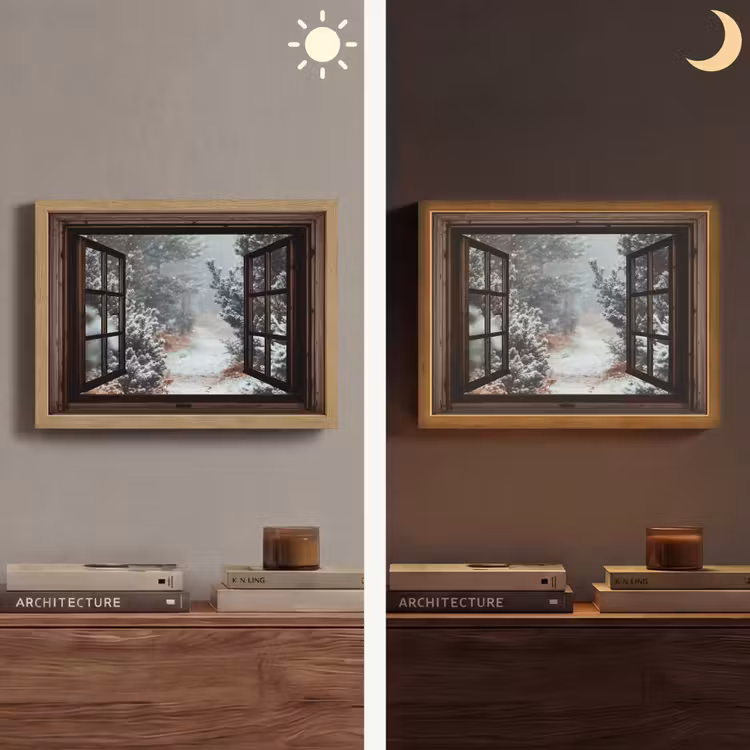 Bos - Winter - Bomen - Natuur - Pad - Doorkijk Light Box met batterij (Wandlamp) middel -sfeer3