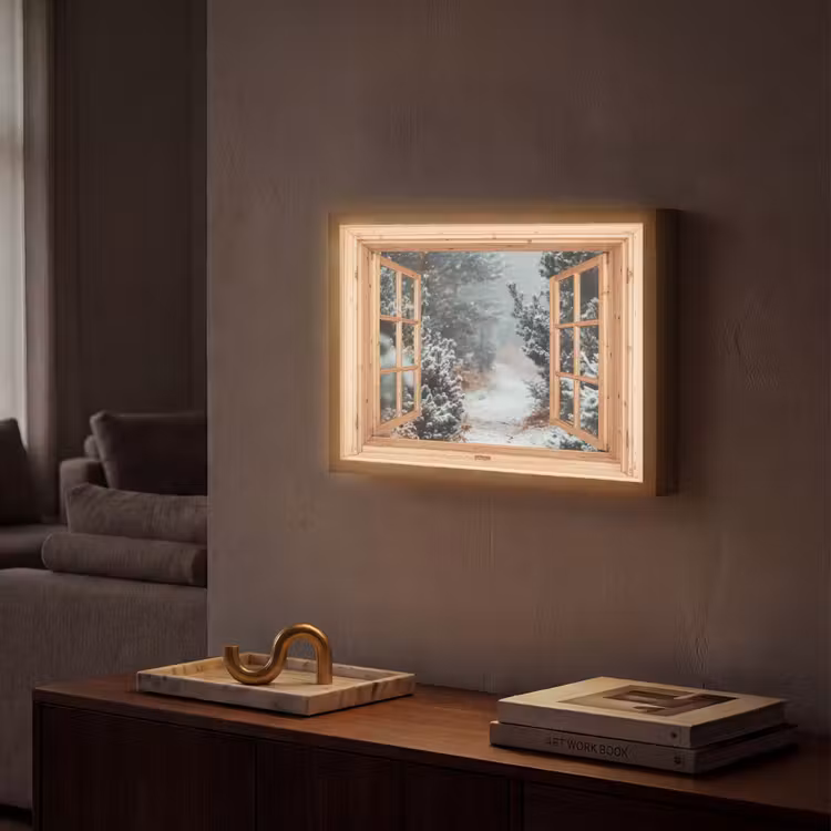 Bos - Winter - Bomen - Natuur - Pad - Doorkijk Light Box met batterij (Wandlamp) middel -sfeer1