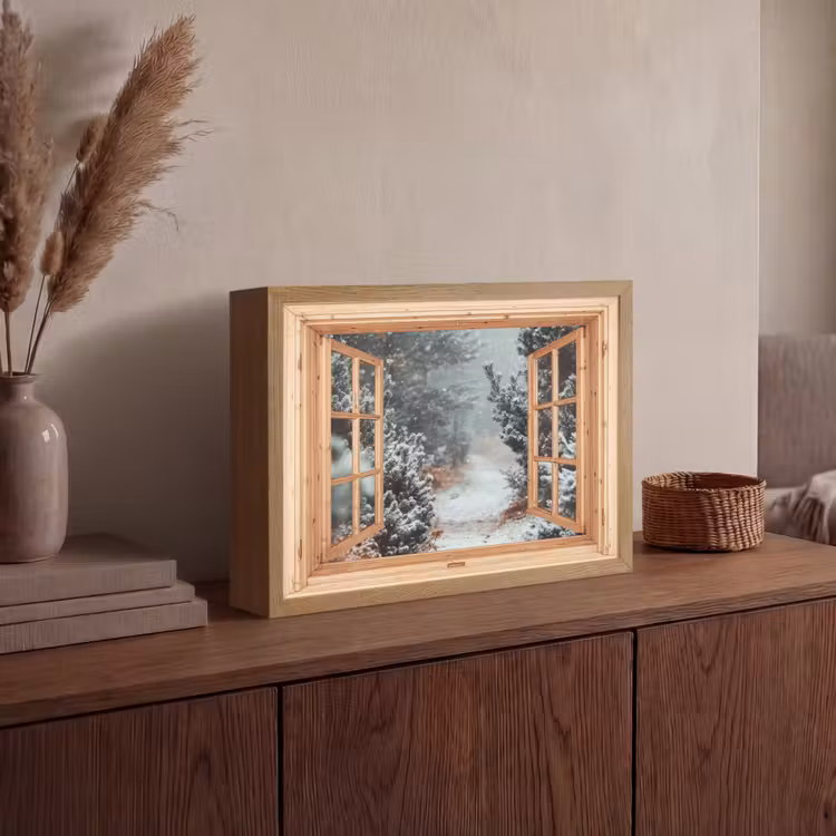 Bos - Winter - Bomen - Natuur - Pad - Doorkijk Light Box met batterij (Wandlamp) middel -sfeer2